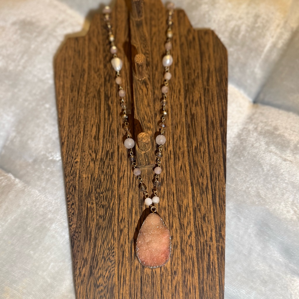 Elegant Pink And Gold Necklace With Semi Precious Stones